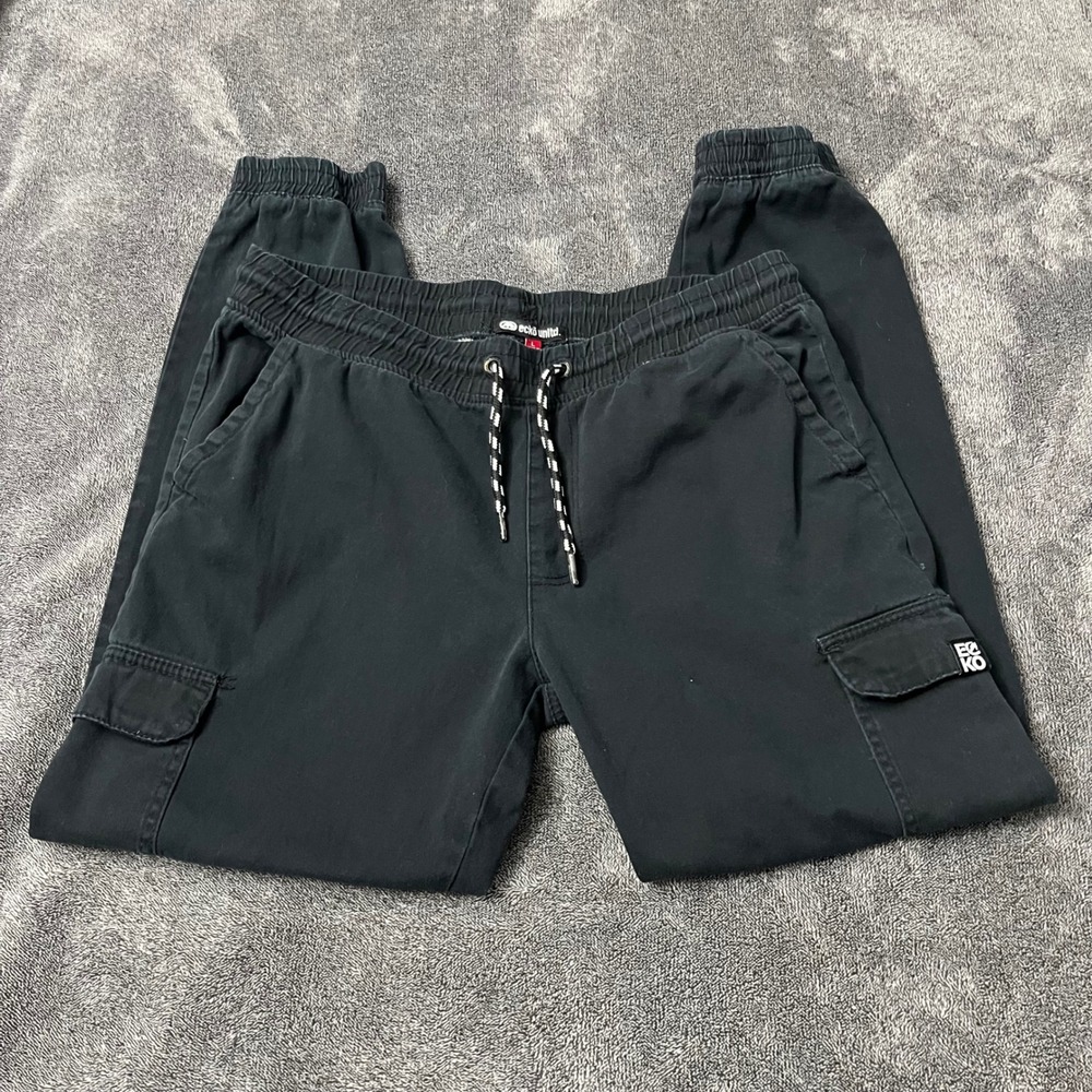 Ecko Unltd Mens Black Cargo Jogger Pants Elastic Drawstring Y2K Streetwear Large